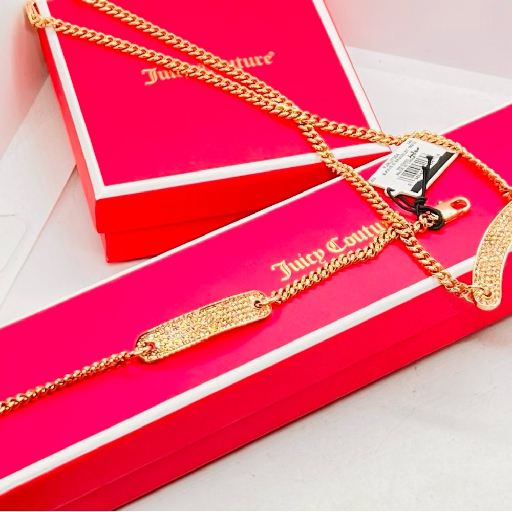 NWT Juicy Couture Rose Gold Tone Pave ID Necklace & Bracelet Set of 2